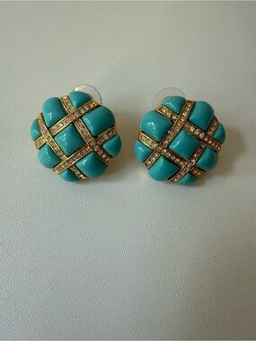 Turquoise Enamel Button Earrings with Gold & Crystal Accents